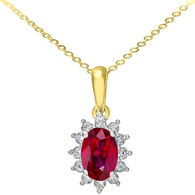 Pre-owned Jewelco London 9ct Gold 1/4ct Diamond Oval 1.1ct Ruby Cluster Necklace 18"