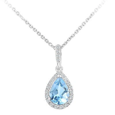 Pre-owned Jewelco London 9ct White Gold Diamond Pear Blue Topaz Teardrop Necklace 16"
