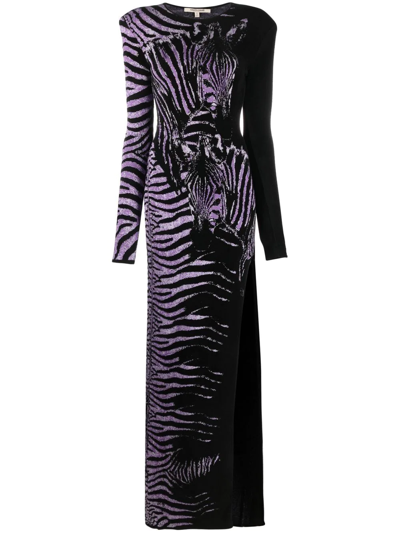 Roberto Cavalli Zebra Jacquard Side Slit Gown In Black