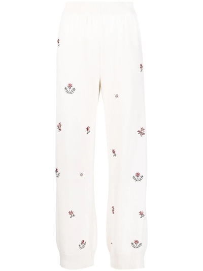 Barrie Floral-embroidered Cashmere Trousers In White
