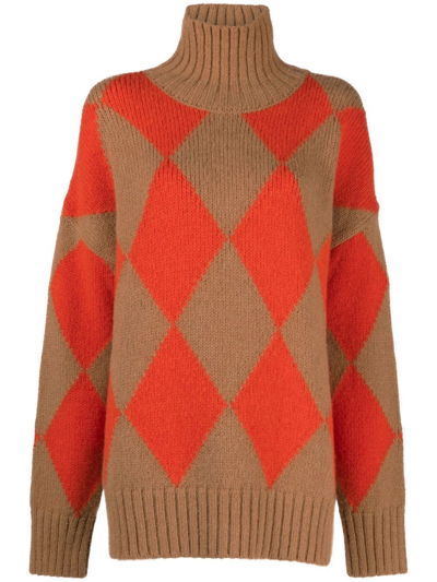 La Doublej Oversized Argyle Turtleneck Sweater In Camel Orange