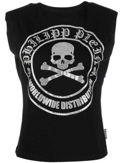 Philipp Plein Embellished-logo Sleeveless T-shirt In Black