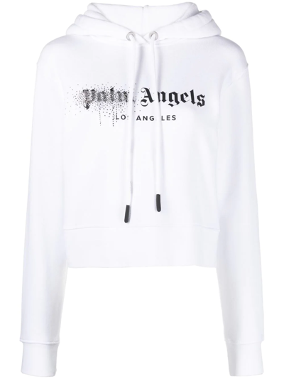 Palm Angels Woman White Hoodie With Patent Effect And Rhinestones On The Front