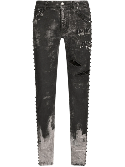 Dolce & Gabbana Distressed Studded Slim-fit Jeans In Grey