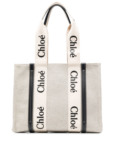 Chloé Woody Medium Canvas And Leather Tote Bag In Blue