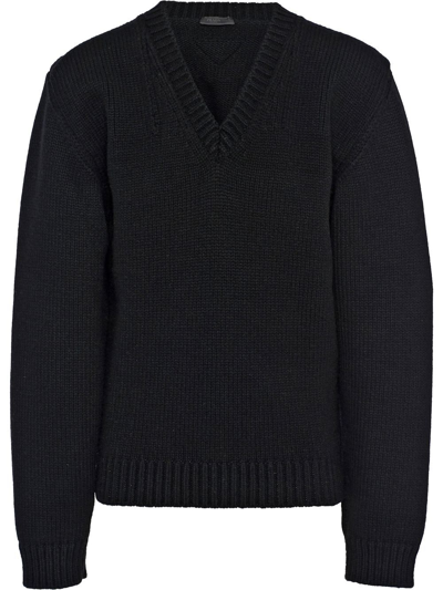 Prada Shetland Wool V-neck Sweater In Black