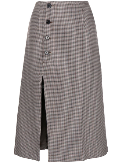 Rokh Houndstooth Midi Skirt With Button Detail In Brown Dogtooth