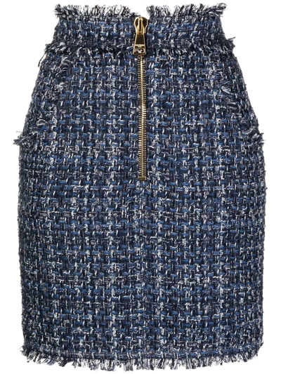 Balmain High Waist Denim Tweed Short Skirt In Blue