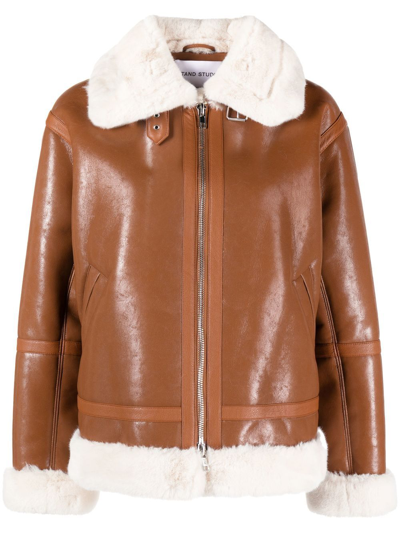 Stand Studio Short Tan-coloured Faux Sheepskin Jacket In Marrone