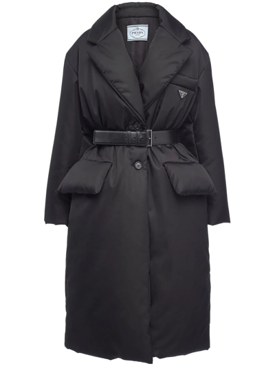 Prada Re-nylon Belted Padded Coat In Black