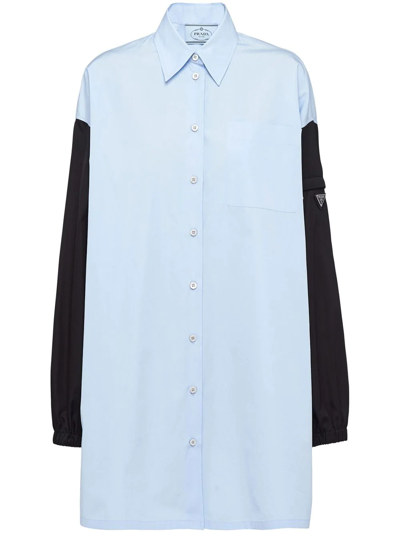 Prada Logo-plaque Panelled Shirtdress In Blau