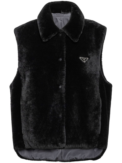 Prada Reversible Shearling Gilet In Black