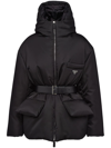 Prada Hooded Down Jacket With Belted Waist In Schwarz