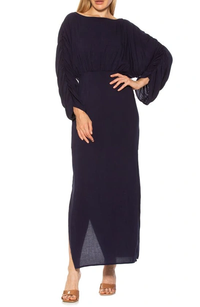 Alexia Admor Jenna Boatneck Shirred Long Sleeve Column Dress In Navy