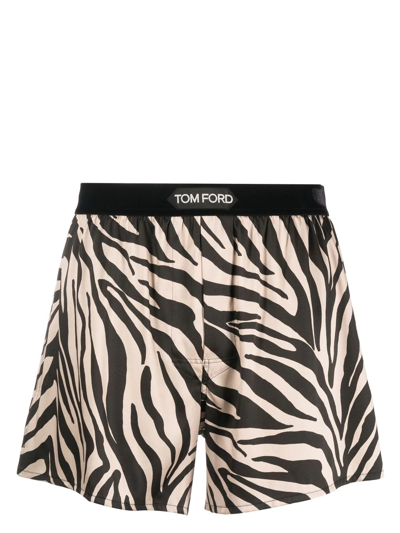 Tom Ford Zebra-print Silk Boxers In Beige