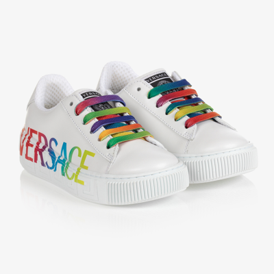 Versace Kid's Greca Logo Leather Low-top Trainers, Kids In White