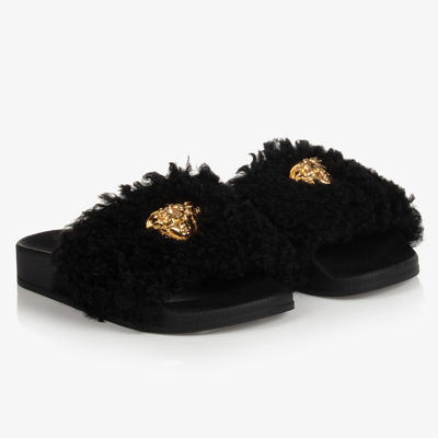 Versace Kids' Girls Black Faux Fur Medusa Sliders