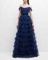 MARCHESA NOTTE OFF-SHOULDER PLEATED RUFFLE TULLE GOWN