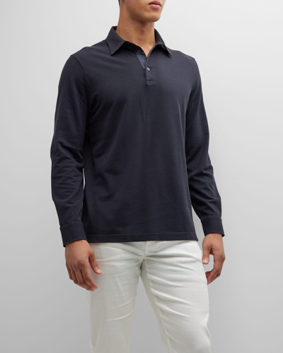 Loro Piana Men's Long-sleeve Pique Polo Shirt In Caviar ModeSens