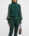Frame Long-sleeve Silk Bow Blouse In Pine