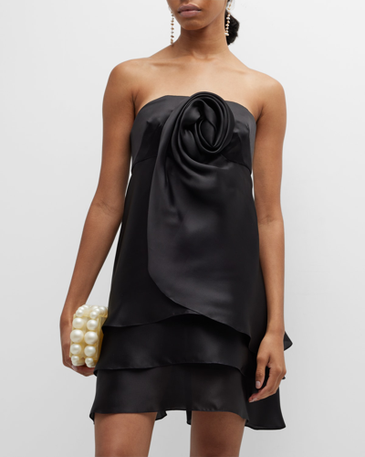 Marchesa Strapless Rosette Silk Mini Dress In Black | ModeSens