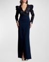 Tadashi Shoji Scallop Lace V-neck Long-sleeve Crepe Gown In Navy/nude