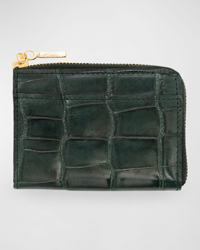 Abas Men's Glazed Alligator Leather Zip Card Case In Hunter Green