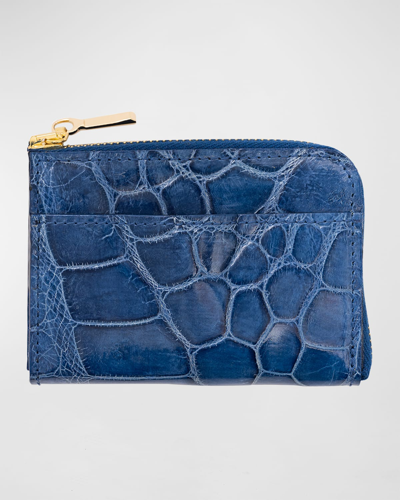 Abas Men's Glazed Alligator Leather Zip Card Case In Cold Blue