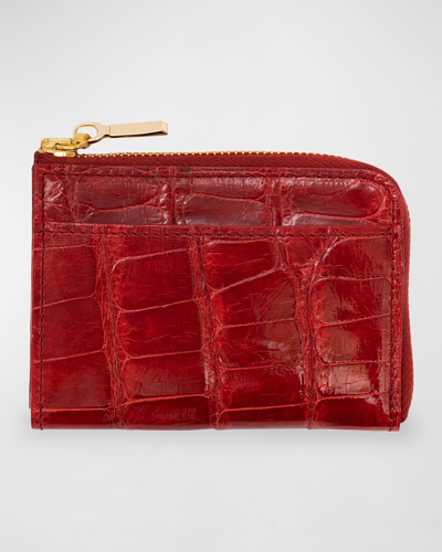 Abas Men's Glazed Alligator Leather Zip Card Case In Brilliant Red