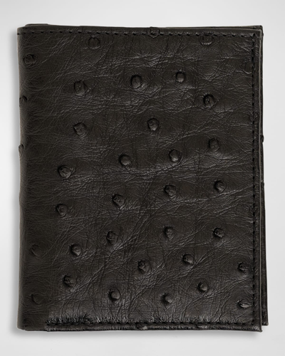 Abas Men's Ostrich Leather Bifold Wallet W/ Id Window In Black