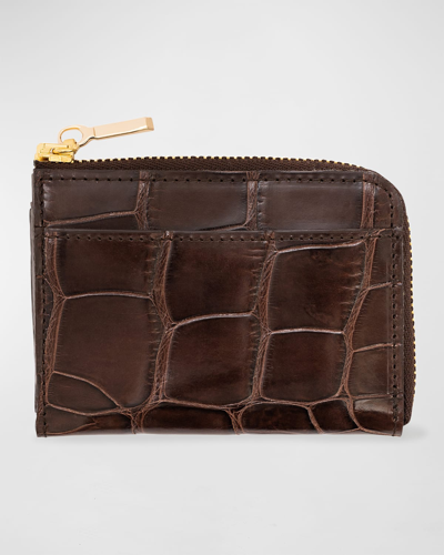 Abas Men's Glazed Alligator Leather Zip Card Case In Deep Brown