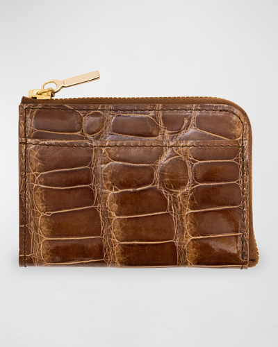 Abas Men's Glazed Alligator Leather Zip Card Case In Cognac