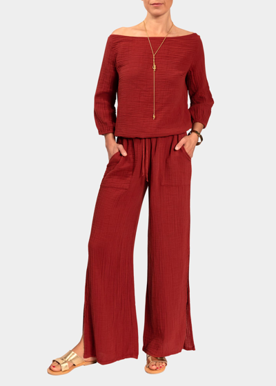 Everyday Ritual Riley Slit Wide-leg Cotton Gauze Pants In Sienna