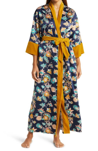 Nordstrom Velveteen Trim Satin Robe In Navy Peacoat Paisley Floral