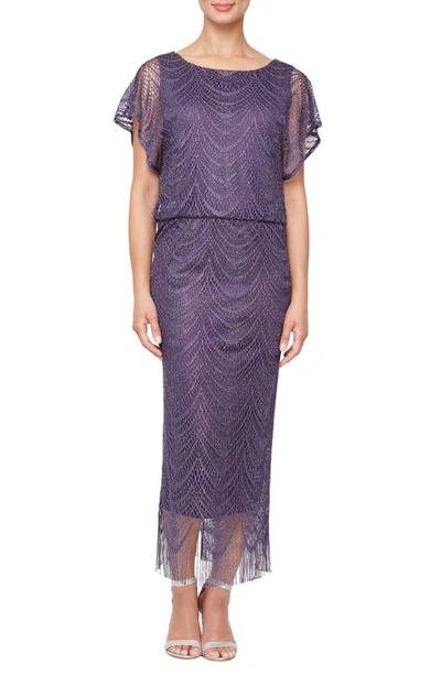 Sl Fashions Metallic Crochet Lace Blouson Dress In Plu