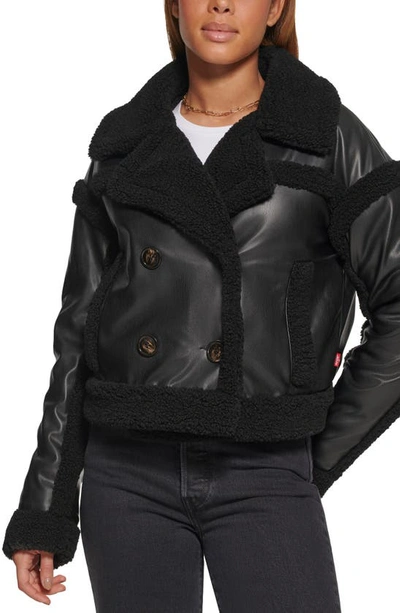 Levi's Shortie High Pile Fleece Trim Faux Leather Jacket In Black
