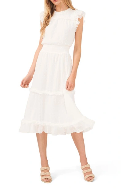 Cece Ruffled Swiss Dot Midi Dress In Soft Ecru