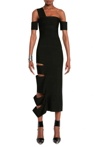 Alexander Mcqueen Cold-shoulder Cutout Ribbed Stretch-knit Midi Dress In Black