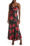 LULUS EXTRA SULTRY FLORAL COWL NECK SATIN SLIPDRESS