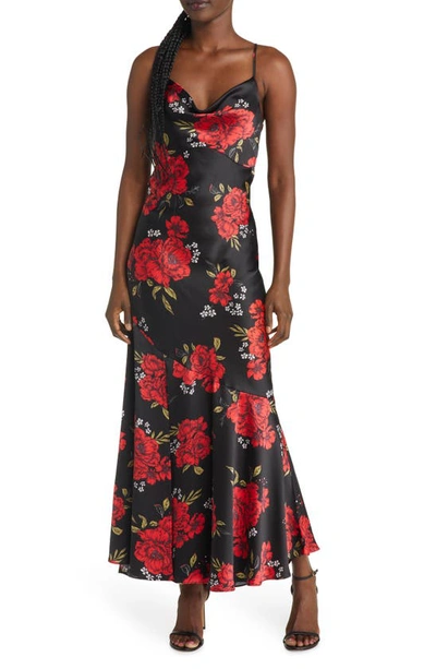 Lulus Extra Sultry Floral Cowl Neck Satin Dress In Black