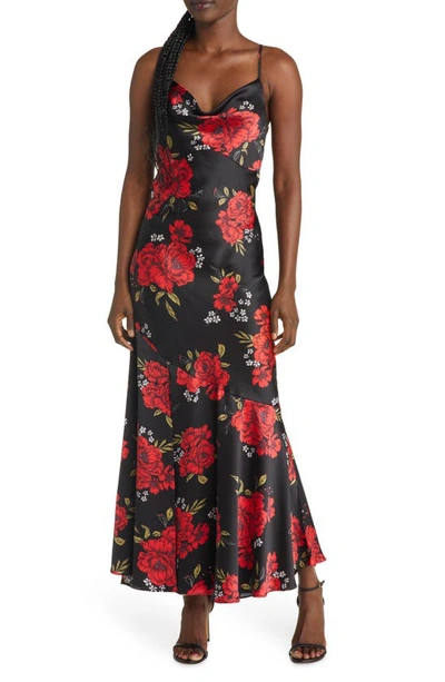 Lulus Extra Sultry Floral Cowl Neck Satin Dress In Black Floral Print