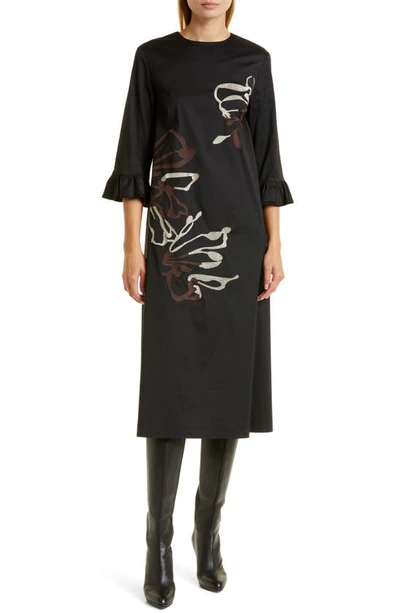 Misook Floral Embroidered Cotton Poplin Midi Dress In Black/biscotti/mahogany