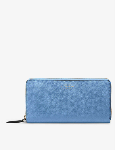 Smythson Panama Branded Large Leather Purse In Nile Blue