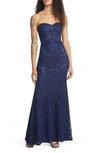 Lulus Wow The Crowd Strapless Lace Gown In Navy Blue