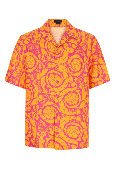 Versace Silk Shirt With Orange Barocco Silhouette Print