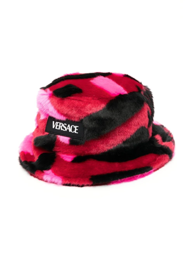 Versace Kids' Logo Faux-fur Bucket Hat In Red