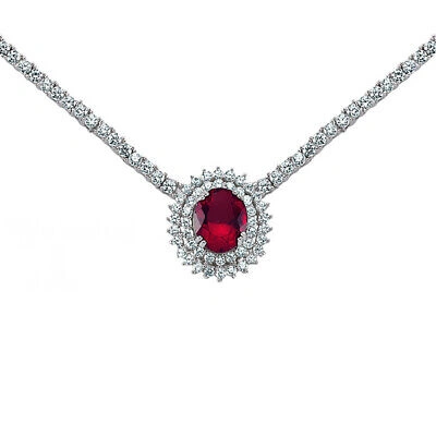 Pre-owned Jewelco London Silver Red Oval Cz Royal Lady Di Cluster Necklace 15 Inch