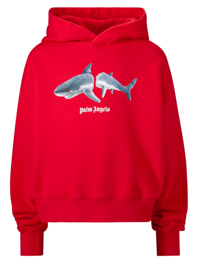 Palm Angels Kids' Shark Print Cotton Sweatshirt Hoodie In Red