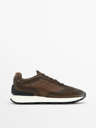Massimo Dutti Premium Brushed Leather Trainers In Tan