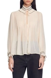 Sandro Jacinthe Frilled-neck Pleated Chiffon Blouse In Nude